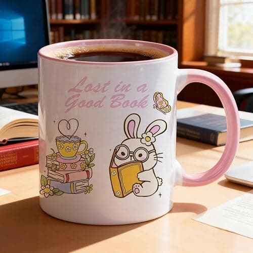 VACNKOCY Cute Bunny Book Lover Coffee Mug – Ceramic Tea Cup with Pastel Flowers and Reading Rabbits, Pink Interior – Gift for Readers, Teachers, Students, Bookworm Coffee Cup, 11oz thumbnail 2