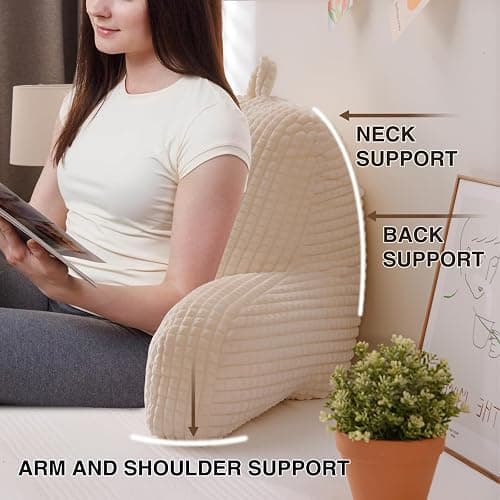 A Nice Night Reading Pillow Bed Wedge Large Adult Children Backrest with Arms Back Support for Sitting Up in Bed/Couch for Lounging Bedrest,Waffle Stereoscopic Design,Ivory thumbnail 6