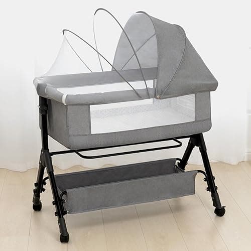 3 in 1 Baby Bassinet Bedside Sleeper, Bedside Crib for Baby, Adjustable Baby Bassinet with Wheels, Storage Basket, Mattress, Easy Assemble & Folding Portable Baby Cradle (Grey) - Grey thumbnail 6