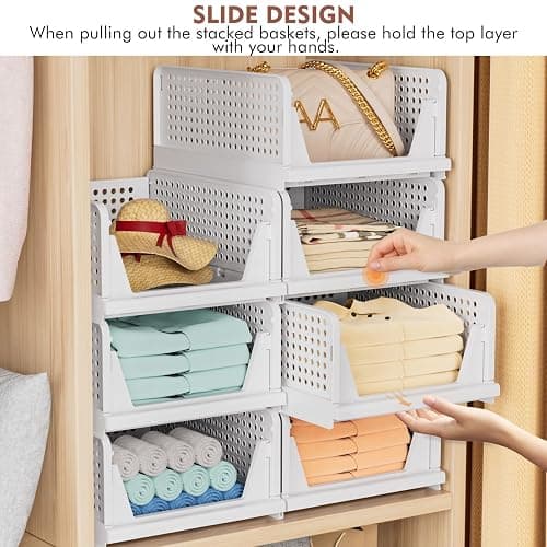 TidyIsles Wardrobe Storage Organiser - 4 Pack Folding Closet Organisers, Stackable Storage Boxes, Plastic Drawer Organiser Basket for Bedroom Kitchen Bathroom White thumbnail 6