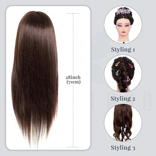 Mannequin Head 80% Human Hair - 28 Inch Make up Cosmetology Manikin Practice Doll Head with Hair,Braiding Hairdressing Head for Hair Styling with Table Clamp + DIY hair Styling Set thumbnail 3