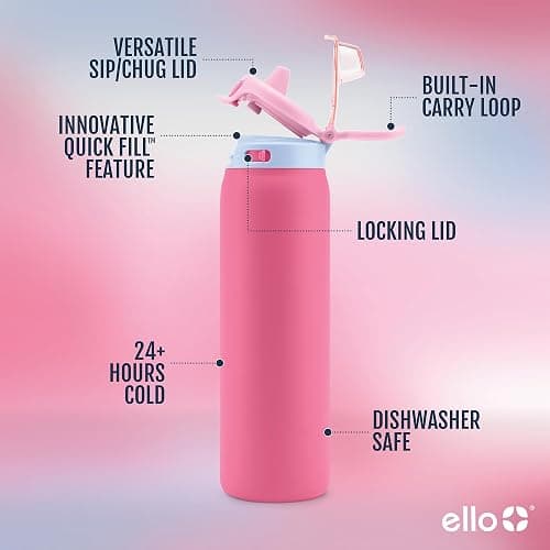 Ello Pop & Fill Insulated Stainless Steel Water Bottle with Quick Fill Lid, Leakproof Locking, Sip or Chug Spout, BPA-Free, Double Wall Vacuum Insulated for Sports, Travel & School- 22oz / 32oz / 40oz thumbnail 3