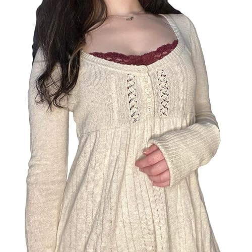Tsultryofs Y2K Fairy Grunge Knit Long Sleeve Tunic Tops Low Cut Peplum Babydoll Blouse Button Down Harajuku 90s Sweater thumbnail 4