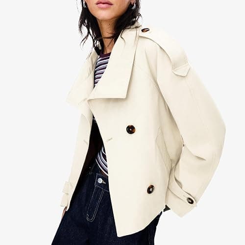 Maohao Women's Cropped Trench Coat Double Breasted Short Jacket High Collar Fall Winter Coats Trendy Outfit with Belt thumbnail 3