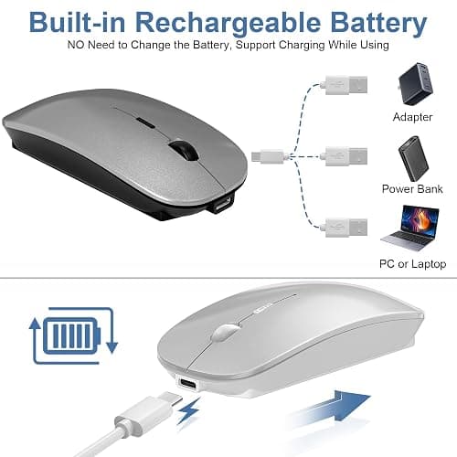 Kovess Mouse for Laptop Wireless Bluetooth - MacBook Air Mac Pro PC iPad Optical Rechargeable Silent Mouse with Jiggler Dual Mode Switch Bluetooth 5.2/3.0 and 2.4GHz USB-A and Type-C Receiver Silvery thumbnail 6