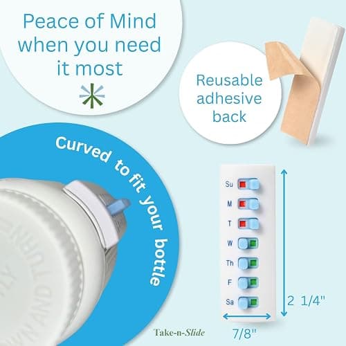 TAKE-N-SLIDE Peel and Stick Reusable for 12 + Refills, Pill/Medication/Vitamin/Pet Med Tracker & Reminder, Attach to Your Bottle, Organizer-Free, Curved‑Back (White, 5-Pack) thumbnail 6