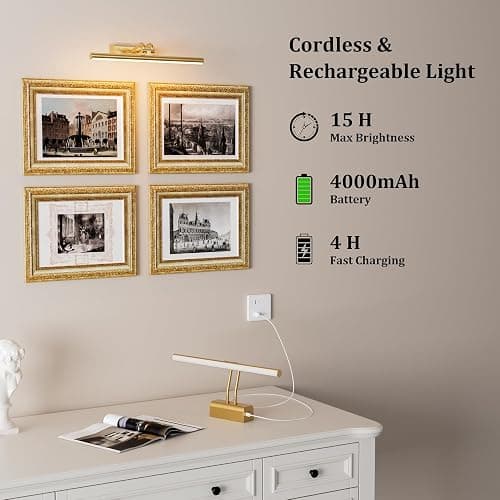 Percantis 13.8'' Battery Operated Picture Light for Wall, Remote Control | 4000mAh Cordless,Gold Wall Light, Magnetic for Easy to Charge,Timers, Display for Gallery Living Room Bedroom thumbnail 3