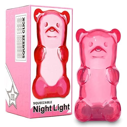 Gummygoods Squeezable Gummy Bear Night Light - Rechargeable, Portable, Squishy Lamp, 60-Min Sleep Timer - Christmas Gift for Kids & Adults, Baby Nursery, and Dorm Rooms - (Pink) - Pink