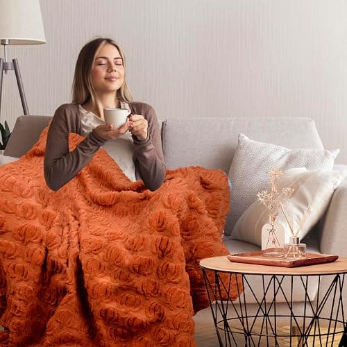 Fall Decor Pumpkin Throw Blanket - 50"x60" Rust Red Autumn Soft Blankets Halloween Decorations for Sofa Couch Home, Cozy Faux Fur Warm Pumpkin-Themed Thanksgiving Gifts for Living Room Bed Women Men - Rust Red Blanket thumbnail 6