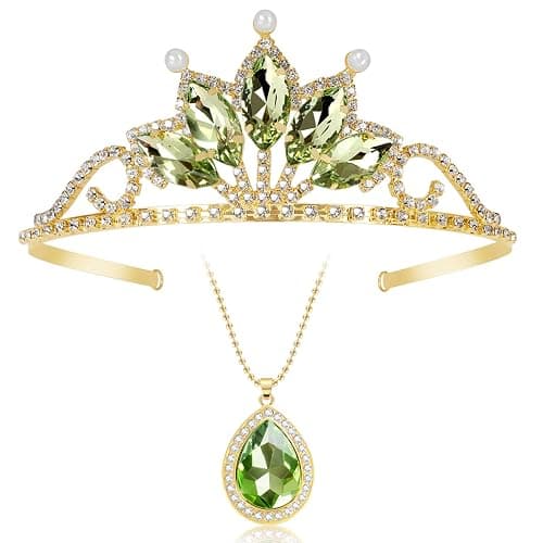 FRTTVM Princess Tiana Tiaras and Necklace for Women Green Princess Tiana Crown Birthday Halloween Party Princess Tiana Accessories - Image 1