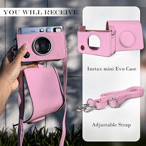 Rieibi Mini EVO Case - Vintage PU Leather Protective Case for Fuji Instax Mini EVO Instant Camera - Removable bag with Adjustable Shoulder Strap Battery Charging Port - Pink thumbnail 5