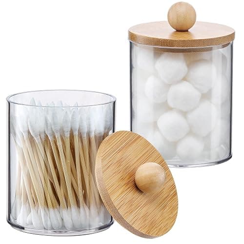 2 Pack Qtip Holder Dispenser with Bamboo Lids - 10 oz Clear Plastic Apothecary Jar Containers for Vanity Makeup Organizer Storage - Bathroom Accessories Set for Cotton Swab, Ball, Pads, Floss - Image 1
