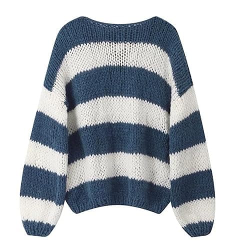 Women's Knit Striped Sweater Oversized Color Clock Long Sleeve Crewneck Pullover Jumpers Cute Trendy Sweater thumbnail 5