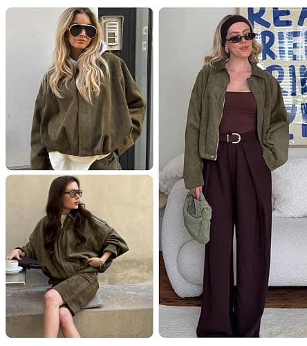 Bnigung Womens Faux Suede Bomber Jacket Casual Lapel Pilot Cropped Coat Oversized Motorcycle Jackets 2025 Outerwear thumbnail 5