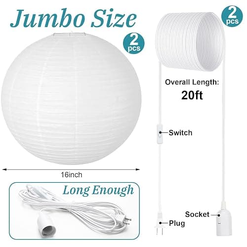 Rossesay 2 Sets Jumbo Paper Lanterns with Lamp Cord Cable White Hanging Paper Lanterns Chinese Japanese Pendant Hanging Lamp for Birthday Wedding Bridal Anniversary Party Decoration (Round,16 Inch) thumbnail 3