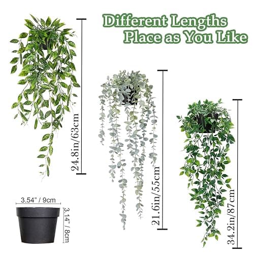 Artificial Hanging Plants 3Pcs Potted Greenery Decor - Grey Eucalyptus Mandala Snow Pea Vine in Pot Plants for Office Farmhouse Home Indoor Outdoor Decor thumbnail 3