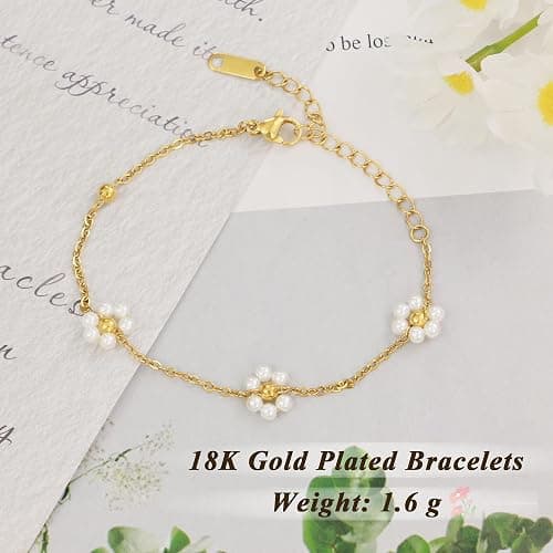 DAYANEY Pearl Bracelets for Women, Gold Bracelet Silver Pearl Jewelry as Gifts for Girls, Dainty Daisy and Heart Braclets Cute Floral Prom Jewelry for Bridesmaid Brazaletes Para Mujer thumbnail 2