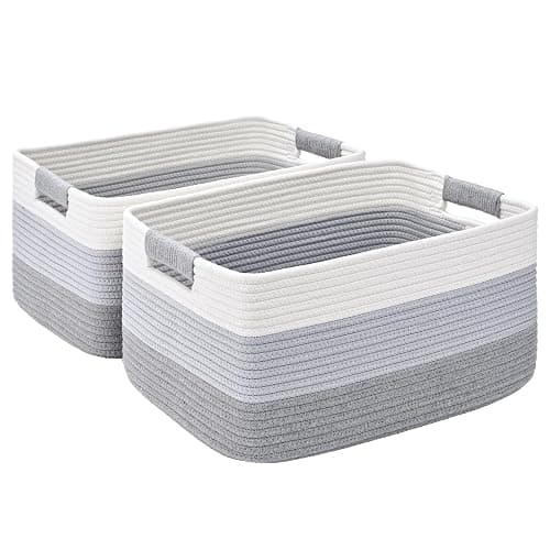 2 Pack Large Storage Basket for Organizing, 17.5"x13.5"x7.5" Woven Basket for Shelves, Closet Cube Storage Bins with Wrapped Handle, Cotton Rope Baskets for Kitchen, Clothes, Toys(Gradient Grey) - Image 1