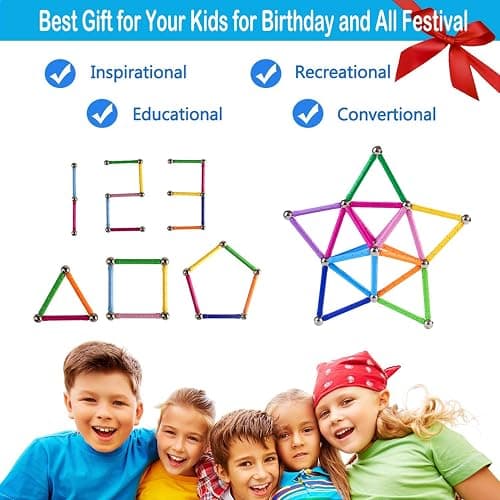 Beicarin 204 Pcs Magnetic Building Sticks Blocks Toys, 2.3" Length Magnet Educational Stacking Toys Set for Kids and Adult, STEM Building Toy 3D Non-Magnetic Balls with Storage Bag thumbnail 3