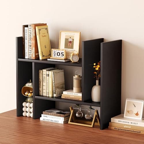 Mihoho Desktop Shelf Organizer, Adjustable Wood Desktop Bookshelf, Office Storage Rack, Wood Display Shelf for Home, Study, Office (Black c) thumbnail 2
