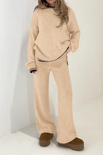 PRETTYGARDEN Women's 2 Piece Knit Sweater Outfit Casual Long Sleeve Pullover Wide Leg Pants Tracksuit Loungewear Set thumbnail 3