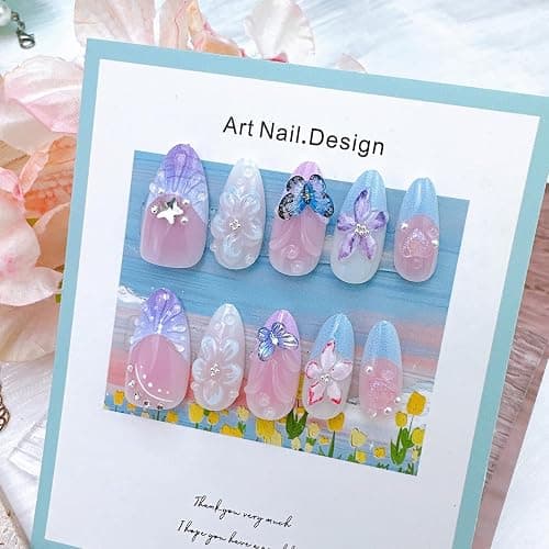 30Pcs Spring Butterfly Press on Nails Medium Almond Purple French Tip Fake Nails with Butterflies Rhinestones Cute Flower Acrylic Nails Spring False Nail Set Floral Full Cover Stick on Nails for Women thumbnail 4
