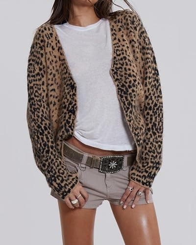 Women Leopard Print Long Sleeve V Neck Button Down Sweater Cardigan Casual Knit Lightweight Fall Winter Outwear Tops thumbnail 3