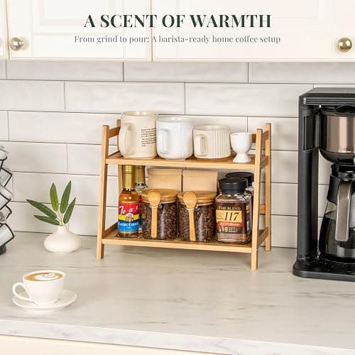 ANBOXIT Rattan-Look Matcha Station Organizer, Countertop Bamboo Tea & Coffee Accessories Station Organizer, 2 Tier Mug Holder Display Stand for Kitchen Condiment, Home, Office thumbnail 2
