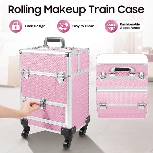 KHROOLT Rolling Makeup Case, Aluminum Cosmetic Train Cases with Drawer Rolling Makeup Cart Cosmetic Organizer 3 Tier Travel Case Salon Barber Case for Makeup Tattooist Nail Tech Hairstylists thumbnail 9
