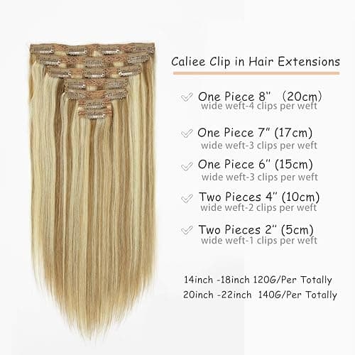 Caliee Blonde Clip in Hair Extensions Real Human Hair,P10-613 Natural Human Hair Extensions Clip ins Real Human Hair for Women Full Head 120G with 16 Clips 7Pcs Lace Clip in hair 18Inch - 18 Inch 120G- Lace Clip - P10-613 Highlight Golden Brown and Bleach Blonde thumbnail 2