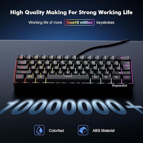 Snpurdiri 60% Wired Gaming Keyboard, RGB Backlit Ultra-Compact Mini Keyboard, Waterproof Small Compact 61 Keys for PC/Mac Gamer, Typist, Travel, Easy to Carry on Business Trip(Black) thumbnail 4
