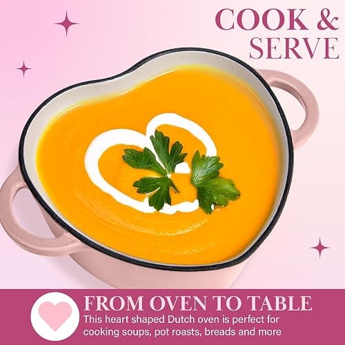 Paris Hilton Enameled Cast Iron Dutch Oven Heart-Shaped Pot with Lid, Dual Handles, Works on All Stovetops, Oven Safe to 500°F, 2-Quart, Pink thumbnail 4
