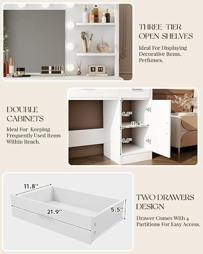 LIVELYGLOW Lighted Makeup Vanity Desk, 35.4“W x 15.7'”D x 54“H, White (with Lights and Mirror, Dimming Function, 2 Drawers and 1 Cabiniet, Open Shelves) by Boahaus thumbnail 6