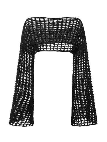 SHENHE Women's Hollow Out Knit Bolero Shrug Crochet Cropped Sweater Top Bell Long Sleeve Y2K Top thumbnail 2