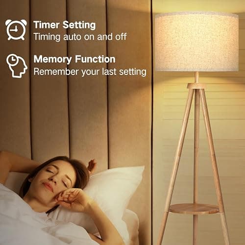 OUTON Tripod Floor Lamp with Shelves, Mid Century Dimmable Wood Floor Lamp with Remote Control, 4 Color Temperatures, Standing Tall Lamp with Linen Shade for Living Room, Bedroom, Office, Oak Hardwood thumbnail 6