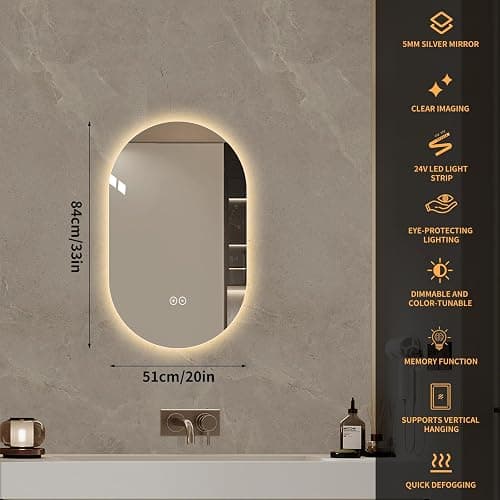 LAIYA 24V Full-Power Oval LED Bathroom Vanity Mirror, 33x20inch Frameless Backlit Mirror with Light, Smart Anti-Fog Waterproof Mirror with Memory Function Dimmable Lighted Mirror - 33"L x 20"W thumbnail 2