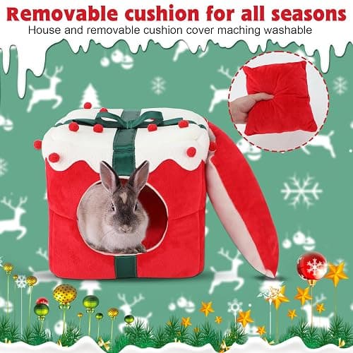 YUEPET Christmas Rabbit Bed Warm Bunny Hideout House, Cozy Washable Small Animal Hideout for Rabbit Bunny Guinea Pig Ferret Chinchilla 11.8"×11.8"×11.8" thumbnail 5