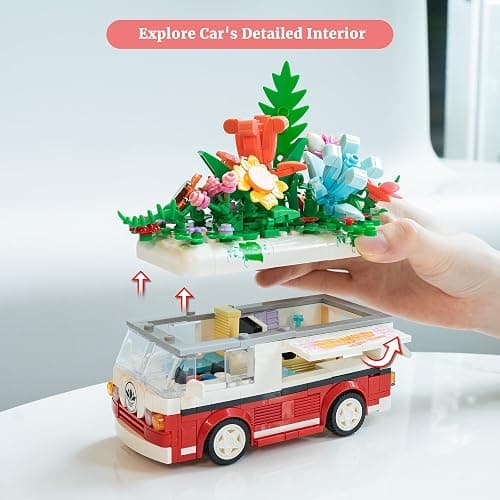 VannMold Flower Car Building Block Set, Van Car with Flower Bouquet Basket, Artificial Flowers Building Kit for Home and Office Décor, Birthday Toys for Girl Aged 6-12+, 457 PCS thumbnail 4