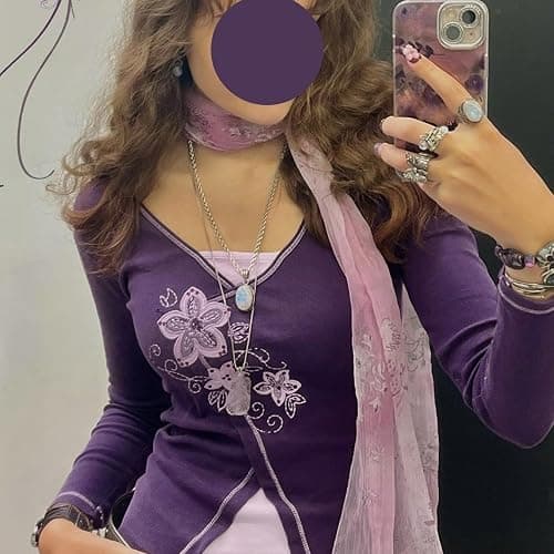 Y2k V Neck Floral Tops Women Fairy Grunge Vintage Long Sleeve Top 2000s Emo Graphic Cute Teen Girls Clothe thumbnail 2
