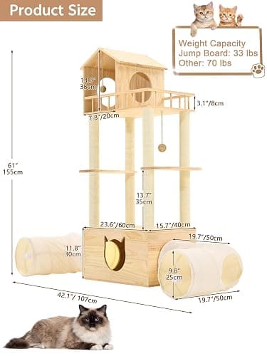 Homiflex Wood Cat Tree with 2 Tunnels, 61''H Pine Wood Cat Tower for Adult Cats, Sturdy & Durable Pet Climbing Systems for Indoor, Multi-Level Wooden Tower with Scratching Posts, Runway, Burlywood thumbnail 2