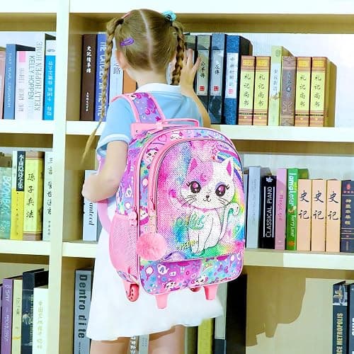 KLFVB Rolling Backpack for Girls Boys, Kids Roller Wheels School Bookbag with Lunch Bag, Wheeled School Bag for Children thumbnail 6