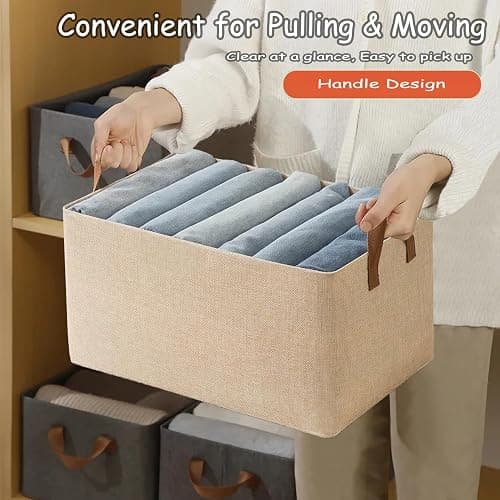 AARAINBOW Linen Closet Organizer Storage Bin with Steel Frame, Stackable Fabric Jeans Baskets for Shelves, 4 Packs Foldable Wardrobe Clothes Box for Sweater Pants Clothing Towel Shirt Felt, 23L Beige thumbnail 5