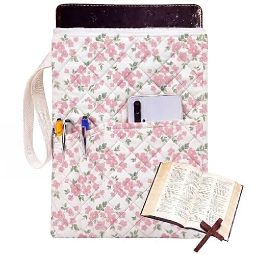 Gilprop Bible Book Sleeve 11" x 9" Pink Floral Quilted Zippered | Padded Washable Protective Pouch with Handle Pockets, Fits Bibles, Zipper Closure for Church Travel, Christian Gifts - Image 1