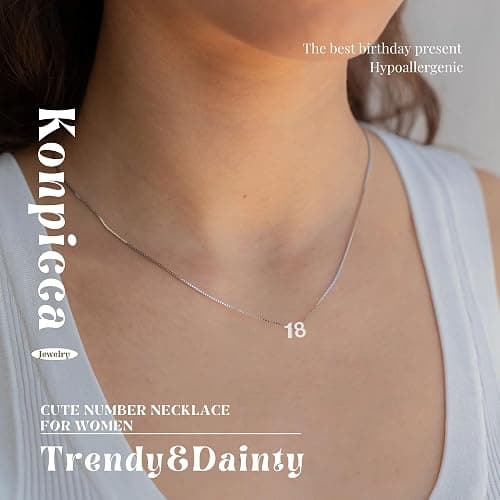 Konpicca Gold Number Necklace for Women 18K Gold Plated Small Cute Pendant with Box Chain Choker Necklace Personalized Jewelry Birthday Gift for Her thumbnail 2