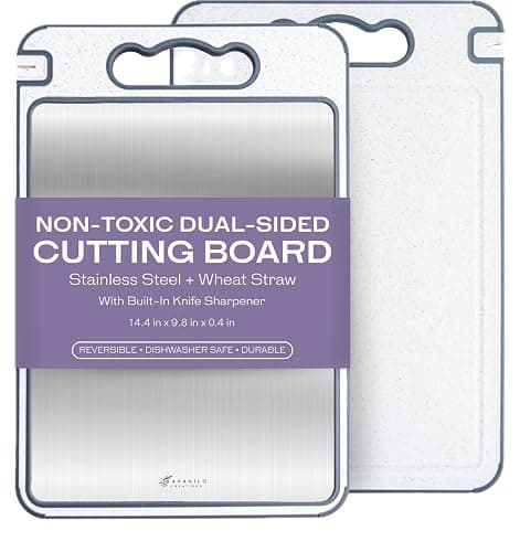 Non-Toxic Cutting Board – Double-Sided Stainless Steel & Wheat Straw – Dishwasher Safe, BPA-Free, Juice Groove, Built-In Knife Sharpener, Non-Slip – 14.4” x 9.8” Kitchen Chopping Board - Image 1