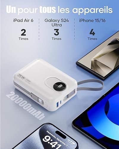 Batterie Externe 20000mAh avec Câble intégré : 35W Power Bank à Charge Rapide pour téléphone Portable, Batterie USB C (Input & Output), Chargeur Portable avec 4 Sorties et 2 entrées- Blanc - blanc thumbnail 6