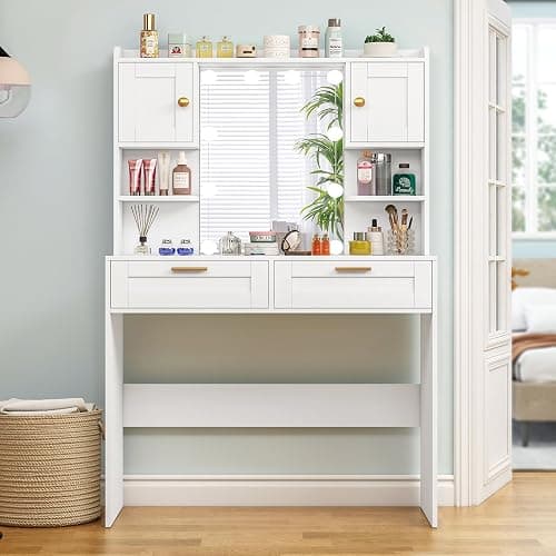 FIONESO Coiffeuse avec Grand Miroir，luminosité réglable,Table de Maquillage avec 2 Tiroirs et 2 Armoires, Moderne Coiffeuse, Blanc thumbnail 8