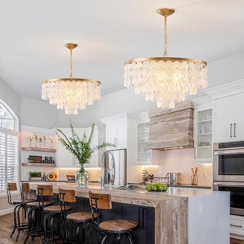 HLMRCHEN 24" Capiz Shell Chandelier, 5 Light Gold Dining Room Light Fixture Modern Coastal Chandeliers for Bedroom Bathroom Kitchen and Foyer(White Seashell Lighting Fixtures) thumbnail 4