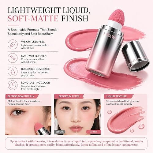 IWAWA Liquid Blush, IWAWA Puffy Liquid Blush – Jelly Texture Cream Blush with Sponge Tip, Matte Nude Buildable Blusher, Lightweight & Silky Feel, Natural Radiant Finish (03 Pink cherry blossoms) thumbnail 6