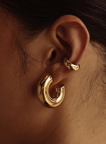 CONRAN KREMIX Waterproof Chunky Gold Hoops Earrings for Women Non Tarnish, Thick Gold Plated Circle Open Hoop,Lightweight Hollow Earrings Trendy thumbnail 6